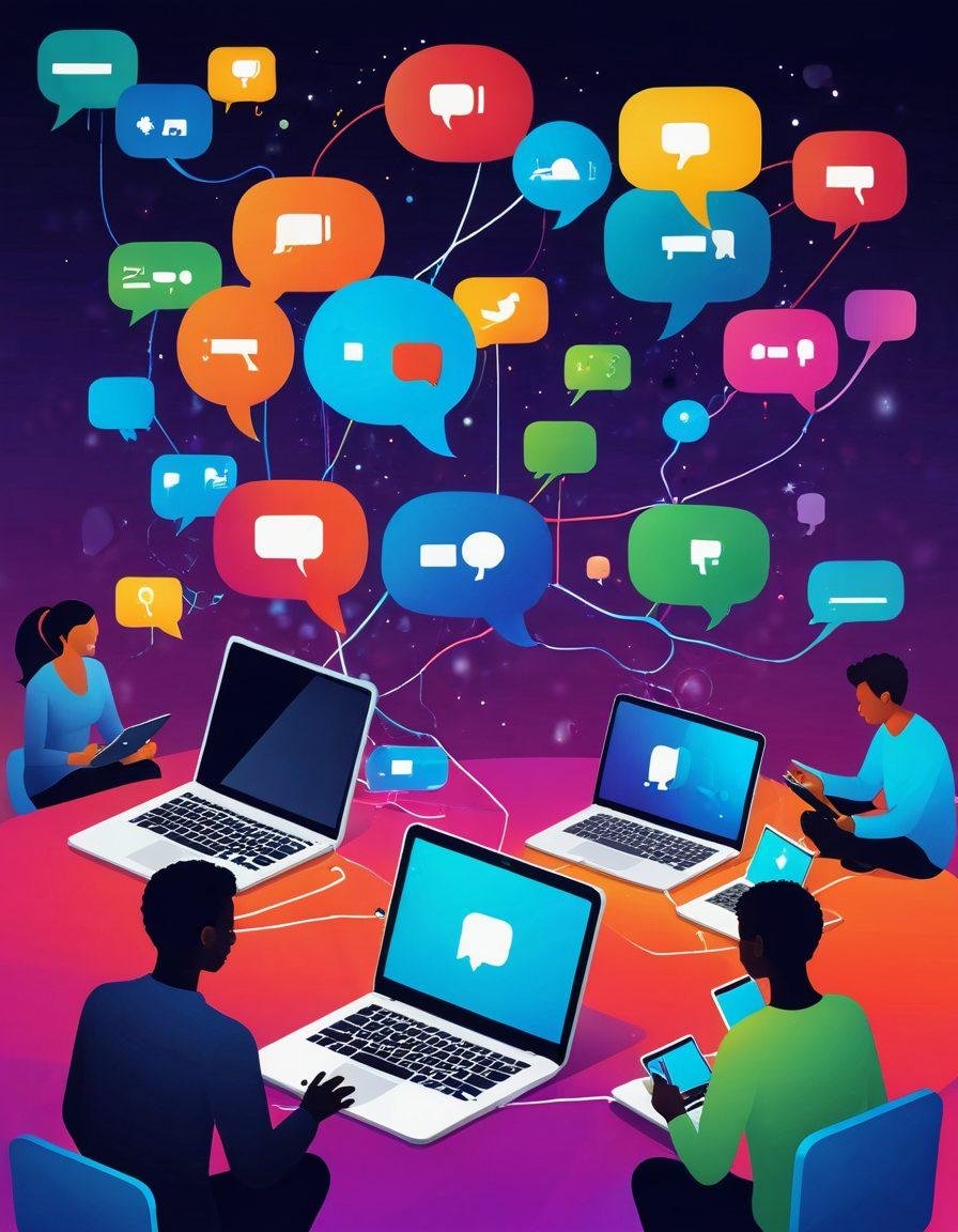 A vibrant digital landscape depicting diverse people connecting through various devices like laptops and smartphones, with colorful chat bubbles representing interaction and engagement. Include elements like social media icons, user interfaces, and glowing pathways to symbolize online navigation. The scene should evoke a sense of community and collaboration among users in a modern context. whimsical illustration. vibrant colors. digital art.