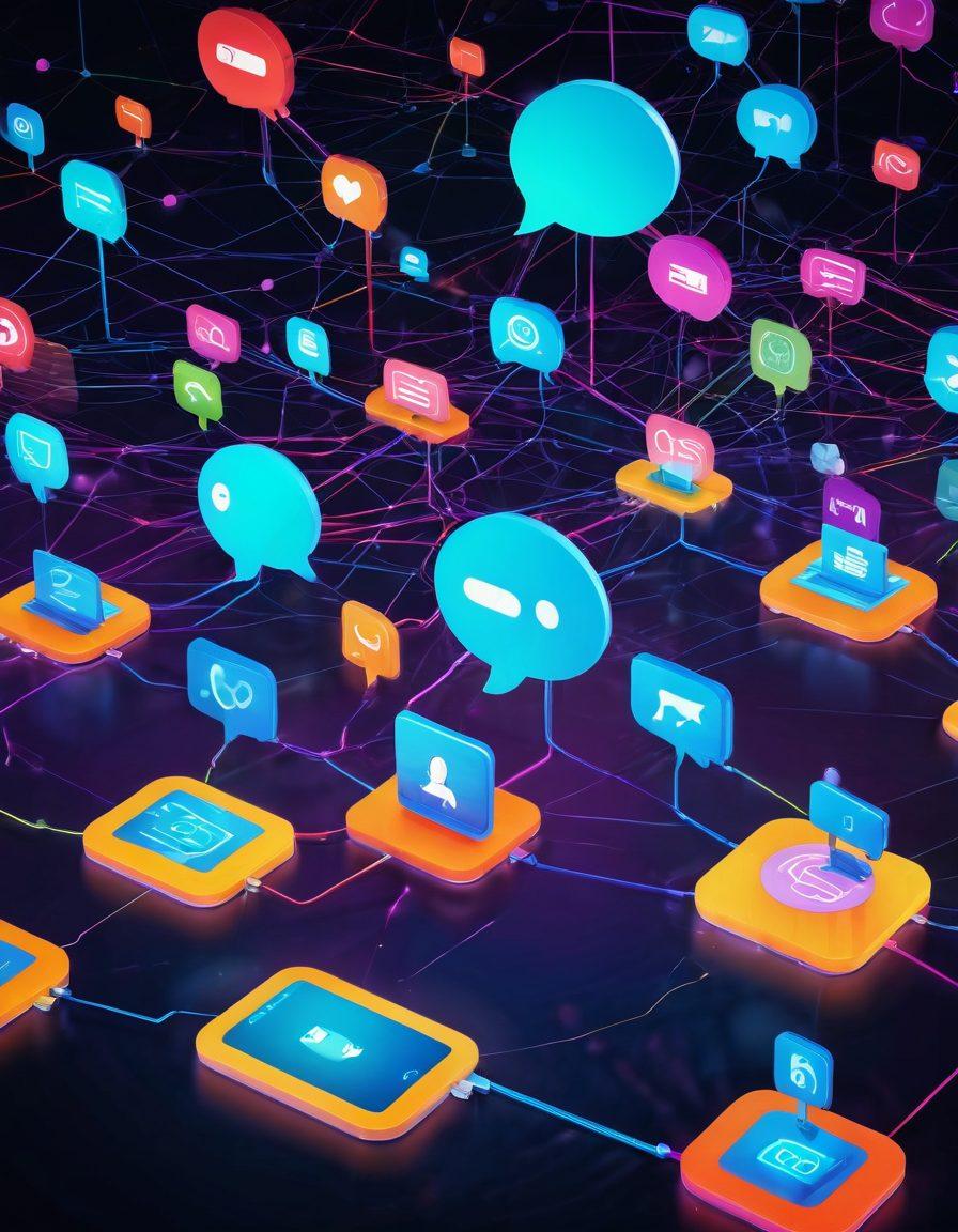 A vibrant digital landscape depicting diverse users connecting through various devices, with glowing lines symbolizing interaction and relationships forming in a modern, tech-inspired environment. Include elements like chat bubbles, social media icons, and abstract network connections to represent online communication. The scene should feel lively and engaging, reflecting the theme of connection. 3D illustration. vibrant colors.