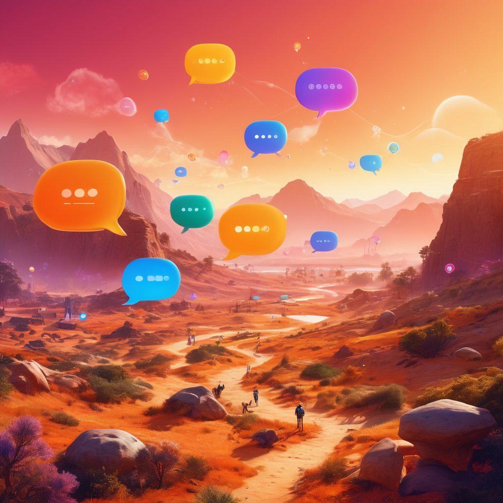 A vibrant virtual landscape showcasing diverse user profiles interacting with engaging features like chat bubbles, icons of support systems, and colorful user avatars. The scene should highlight a sense of collaboration and community, with futuristic elements like floating interface panels and digital tools. Additionally, incorporate warm colors to evoke a friendly atmosphere. super-realistic. vibrant colors. dynamic composition.